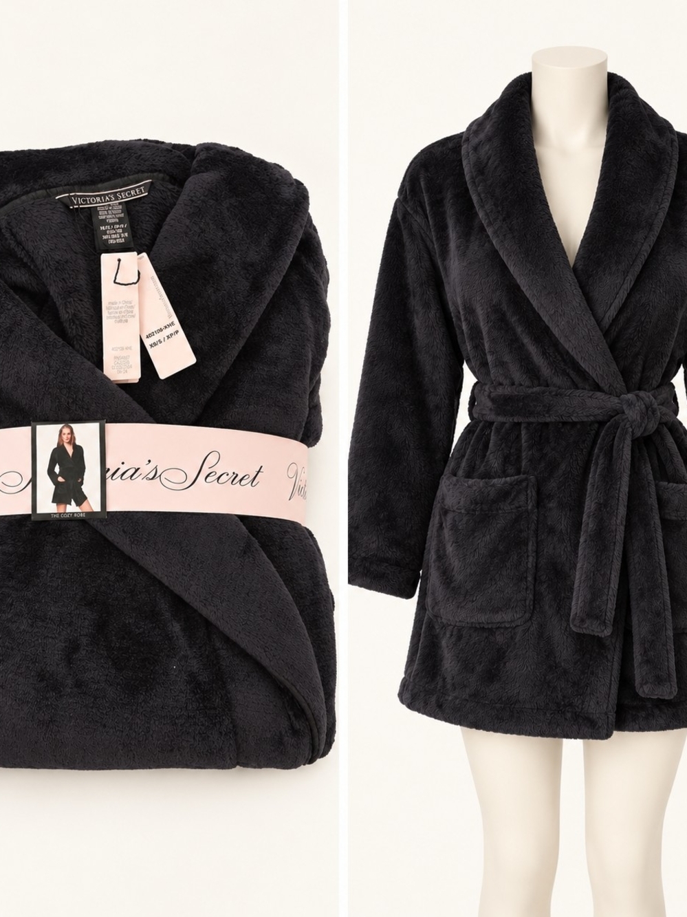 Victoria's Secret Plush Shawl Collar Robe in Black (XS/S) NWT